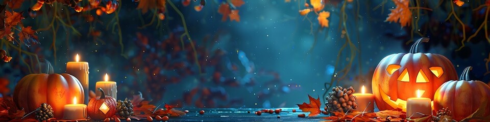 Halloween background, pumpkins with candles on table, night view of autumn leaves, design copy space.