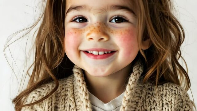 A young girl with rosy cheeks and long brown hair smiles for the camera