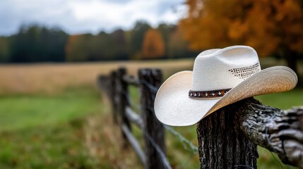 A white cowboy hat with a brown band sits atop an aged wooden fence, set against an open field with autumn foliage and a cloudy sky in the distance.