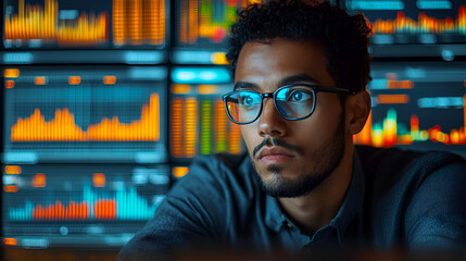 Data analyst focusing intently on multiple screens displaying complex data visualizations and graphs, analytical work, data-driven decision-making, and technology,  data science, finance,