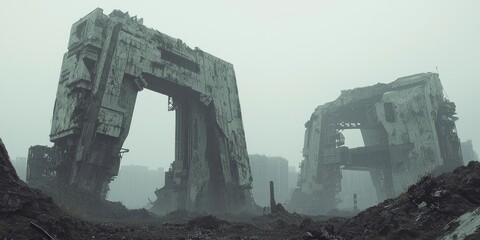 Fototapeta premium Eerie Dystopian Future: Nature Reclaims Technological Ruins in Cinematic Light