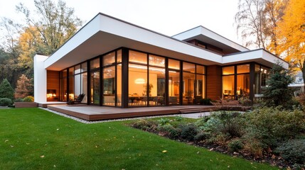 An elegant modern home boasts expansive glass facades that capture an extensive outdoor view of the lush garden area, promoting a sense of openness and freedom.
