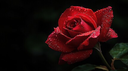   Red rose, petals glistening with water droplets, green leaf in focal foreground