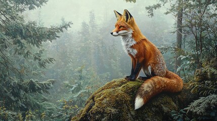   Fox on Rock in Forest - A stunning painting captures a fox perched on a moss-covered rock amidst a dense forest of towering trees