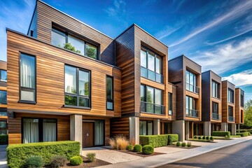 Fototapeta premium Reflected modern row houses with wooden facades and large windows in daylight