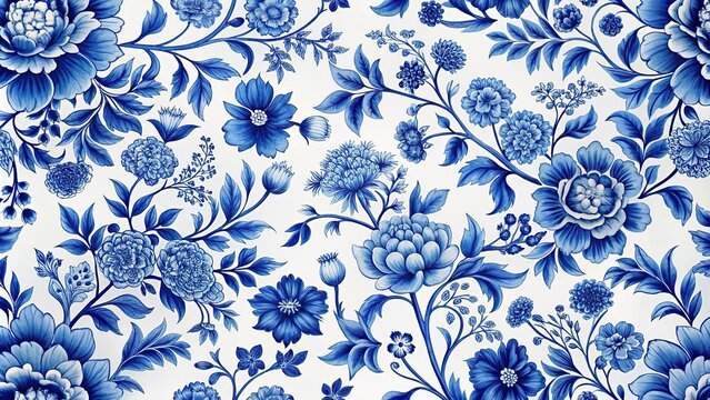 Reflected minimalist floral chinoiserie pattern blue and white