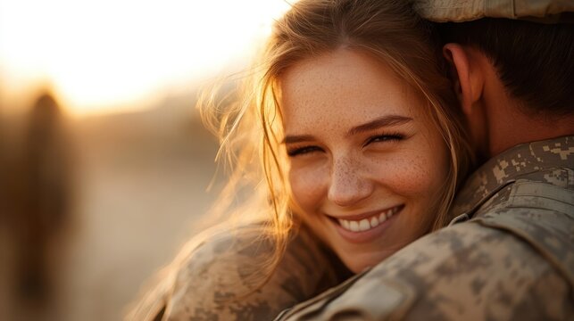 A heartfelt embrace between a smiling woman and a soldier in a military setting, capturing a poignant moment of love and connection.