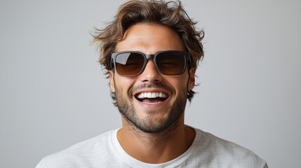 Obraz premium Young man with sunglasses smiling joyfully against a plain background in a casual setting