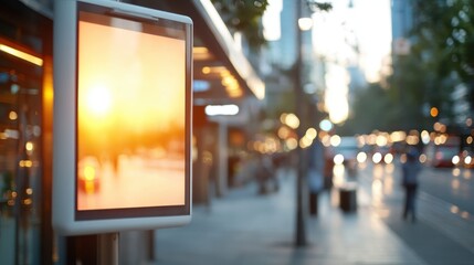 A vibrant digital sign glows against a backdrop of a busy city street at sunset, symbolizing modern technology and urban energy in a contemporary environment.