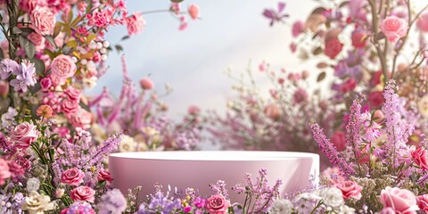 Fototapeta premium Podium background flower rose product pink 3d spring table beauty stand display nature white. Garden rose floral summer background podium.