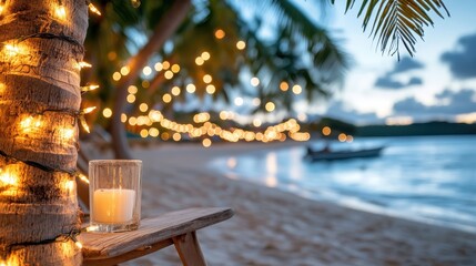 A candlelit beach scene featuring palm trees wrapped in string lights, offering a tranquil seaside retreat. The setting sun casts a beautiful glow over the ocean.
