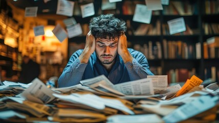 Businessperson caught in a storm of unpaid bills, depicting financial distress