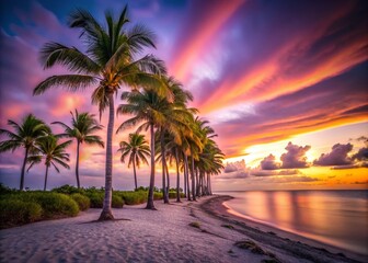 Obraz premium Long Exposure of Palm Trees on Key Biscayne Beach at Sunset