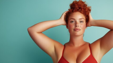 Obraz premium A self-assured red-haired woman poses with hands on head in a red bikini against a blue backdrop, emphasizing the contrast and her energetic youthfulness.