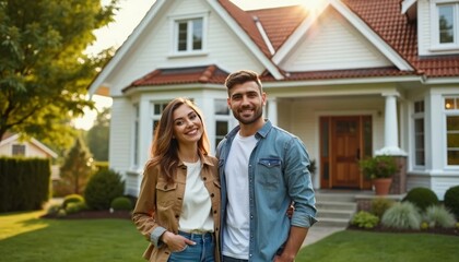 Fototapeta premium A couple standing in front of a house with a smiling woman and a smiling man