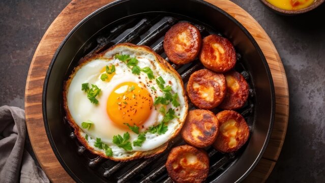 Leberkase with fried potatoes and fried eggs.