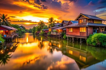Fototapeta premium Long Exposure of Stilt Houses Along the River in Bangkok - Serene Waterway Views