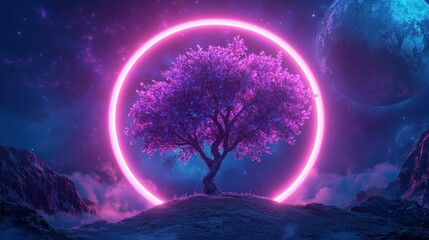 Abstract neon background with a cosmic tree sprouting through a planet surrounded by a glowing neon ring in pink and blue hues giving a mystical and futuristic vibe 3D illustration