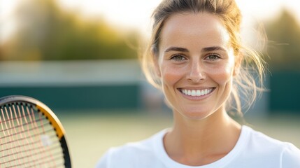 A tennis player with a wide grin holding a racket, surrounded by the vibrance of a tennis court in daylight, illustrating sportsmanship and enthusiasm.