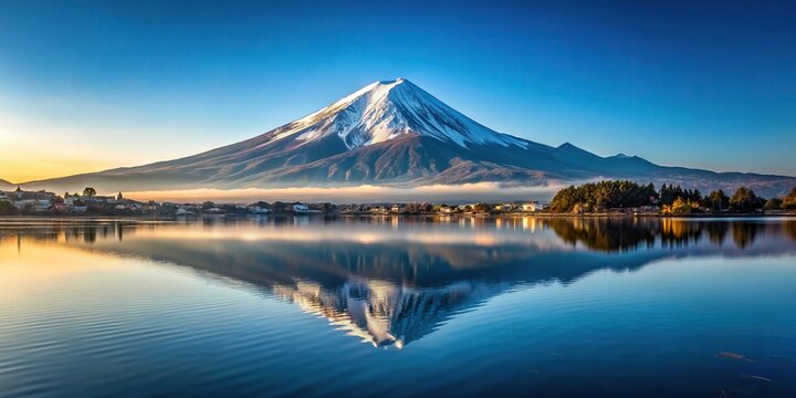 Reflection of Mt Fuji in Lake Kawaguchi with medium shot