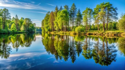 Obraz premium Reflection of trees in river Mologa