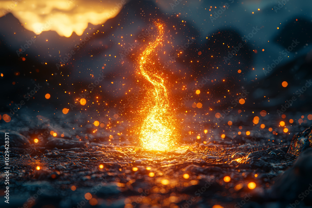 Wall mural a spark igniting a fire that spreads across a vast landscape, symbolizing the creation of something 