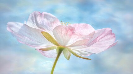 Fototapeta premium A pink close-up of a flower against a blue and white backdrop with a soft sky in the background