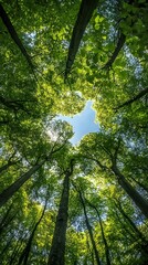 Obraz premium A wide-angle view of the canopy above, showcasing tall trees with lush green leaves against a clear blue sky
