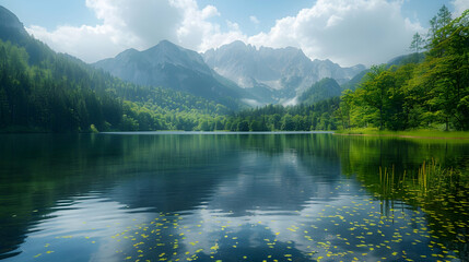 A serene lake surrounded by tall pine trees with mountains in the background