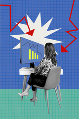 Vertical photo collage of business girl sit office workplace pc monitor chart recession arrow...