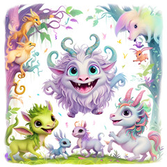 Fototapeta premium cutest funny different monsters, unicorn and elfs at white background. Digital illustration. Ai generated