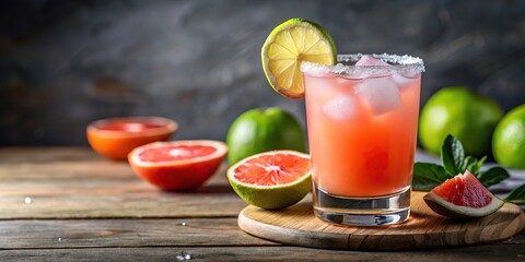 Fototapeta premium Refreshing organic cocktail made with red grapefruit juice, lime, and silver tequila