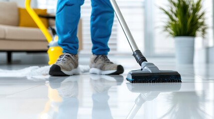 An individual carefully runs a vacuum cleaner over a well-maintained tile floor, illustrating precision and the pursuit of a spotless, polished environment.