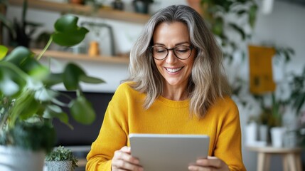 A stylish woman in a yellow sweater and glasses smiles while holding a tablet, highlighting leisure and modern connectivity in a bright home setting.