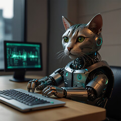 
A cute cat robot with green eyes is sitting in front of a laptop.