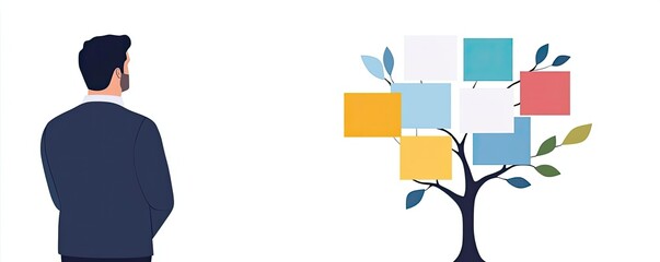 Obraz premium A man stands thoughtfully in front of a conceptual tree representing ideas and growth, perfect for presentations or creative brainstorming.
