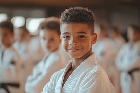Young boys practicing judo and jiu-jitsu indoors at a kids' sports club, engaging in martial arts education to build discipline, strength, and self-defense skills in a structured environment.. - Powered by Adobe