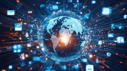 Obraz premium A digital globe surrounded by data and icons representing global communication and networking.