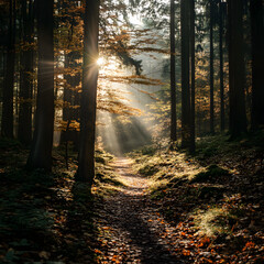 Fototapeta premium Morning sunlight filters through a tranquil forest path surrounded by autumn foliage