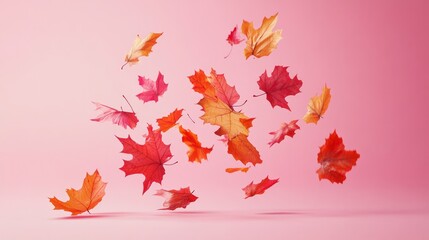 Bright colorful autumn leaves falling in midair on a pink background creating a zerogravity or levitation effect for a seasonal concept