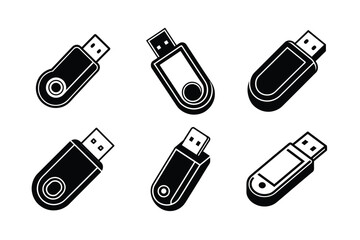 Pen drive vector silhouette icon set