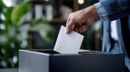 An individual dressed formally casts a vote, emphasizing the solemnity and importance of the electoral process. Democracy is highlighted through this act.