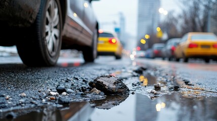 Naklejka premium A bustling city street with cars passing by highlights a large pothole filled with water, emphasizing city infrastructure and daily urban challenges.