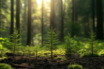 Fototapeta premium forest growth, young coniferous seedlings rest under towering trees, cradled by the forests whispers and sunlights embrace text space in the background