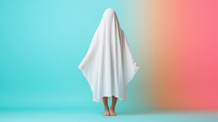 A person completely cloaked in a white sheet impersonates a ghost, standing against a strangely colored background blending blue and pink for an eccentric effect.