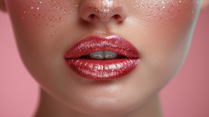 Naklejka premium Glossy pink glitter lips with sparkling makeup on a soft pink background, minimalistic composition with copy space. Glamorous and creative beauty concept for fashion and advertising designs.
