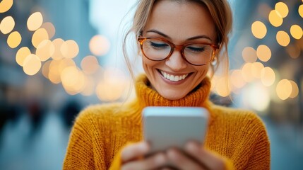A smiling woman wearing a vibrant orange sweater and glasses is engaging with her smartphone in an urban setting adorned with soft, twinkling lights in the background.