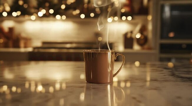 Steaming cup of coffee in elegant mug on marble countertop with bokeh Christmas holiday lights