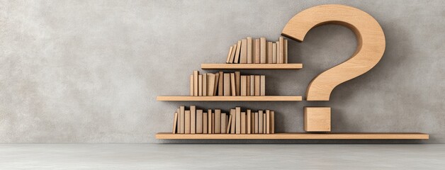 Books creatively arranged to form a question mark on a vibrant white background in a striking flat design illustration