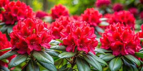 Fototapeta premium Rhododendron red flowers in bloom and green leaves in symmetrical composition during springtime